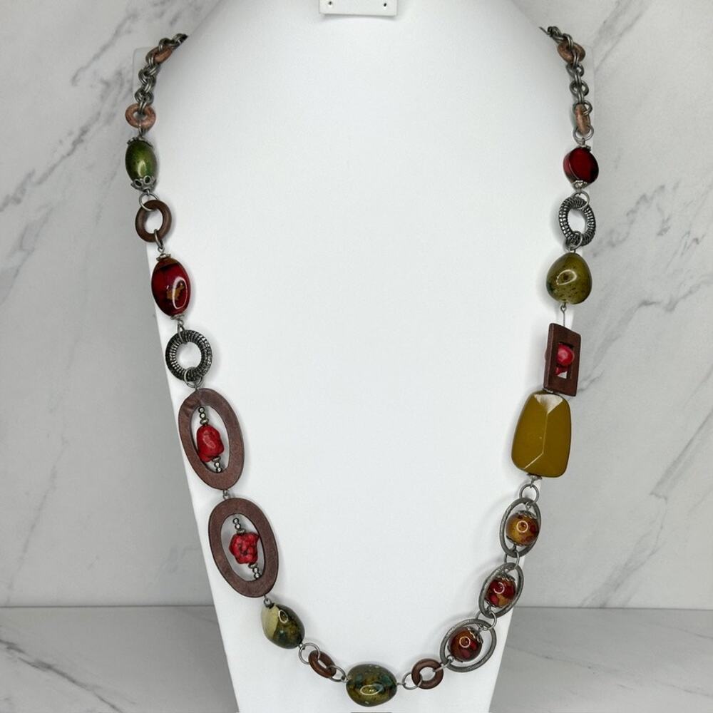 Chico's Chunky Red Green Mixed Media Statement Necklace Silver Tone ✨